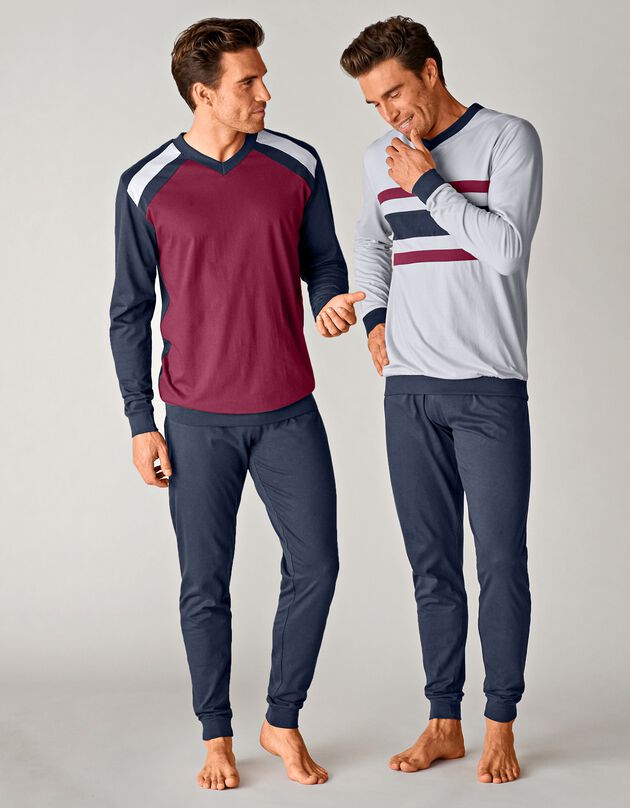 Pyjama pantalong tricolore - lot de 2 (marine / bordeaux)