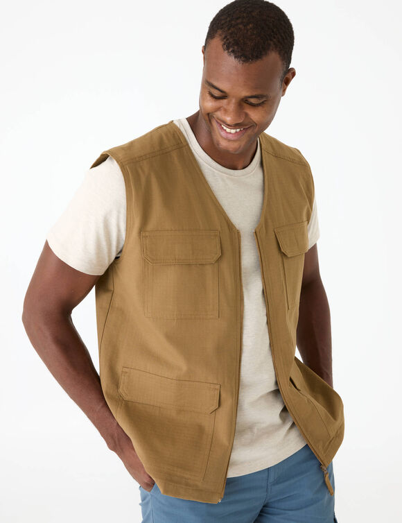Gilet zipp&eacute; multipoches sans manches en toile ripstop  (beige fonc&eacute;)