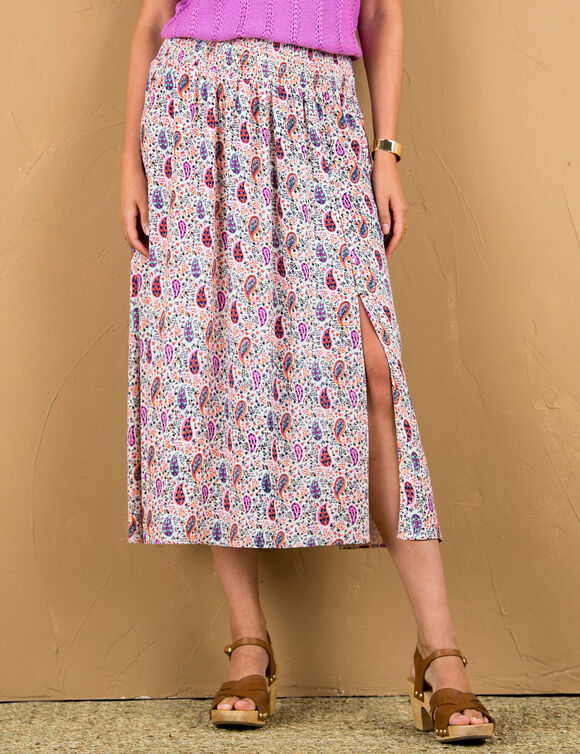 Jupe longue imprimée boutonnée, ceinture smockée (bleu / rose)