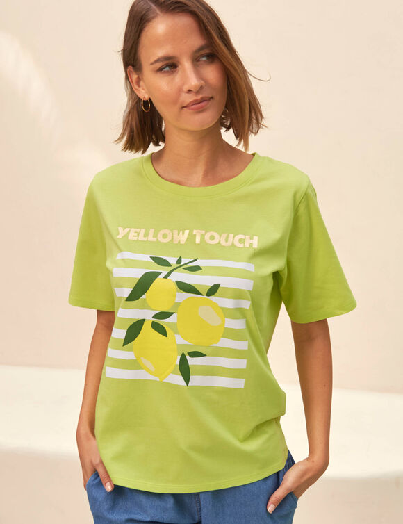 T-shirt imprim&eacute;, volume loose (anis / blanc)