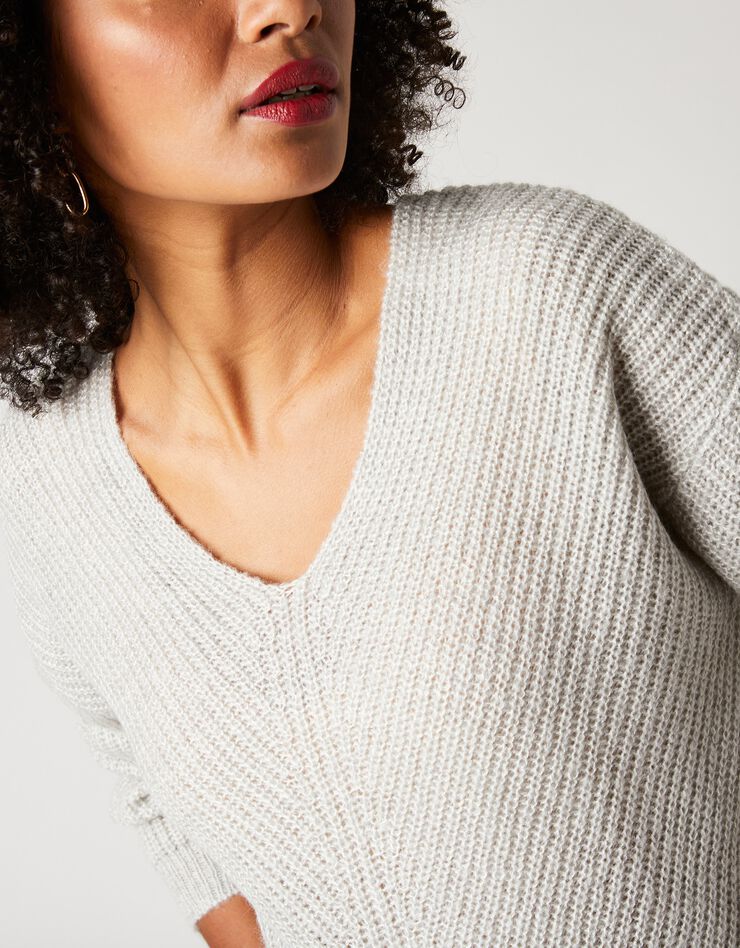 Pull col V, maille anglaise toucher mohair (gris chiné) Pull col V, maille anglaise toucher mohair (gris chiné)