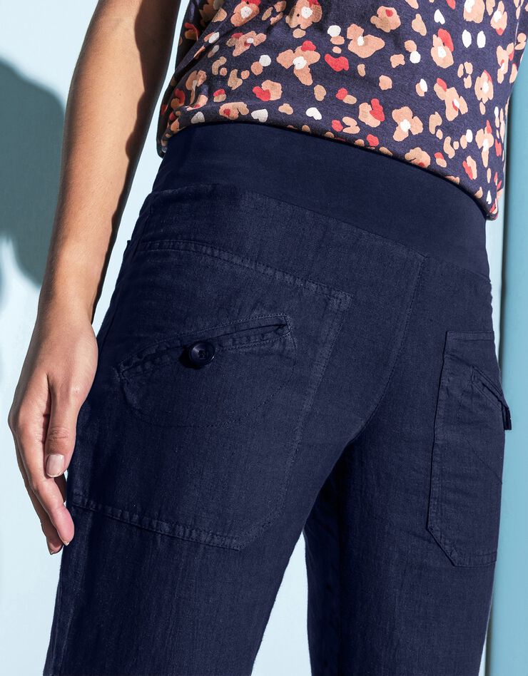 Pantalon coupe droite 7/8ème taille élastiquée, lin coton (marine)