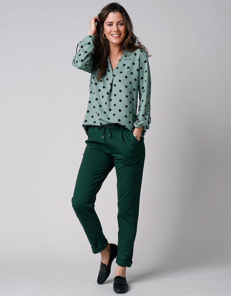 Blouse imprimé pois col tunisien, crêpe (vert / marine) Blouse imprimé pois col tunisien, crêpe (vert / marine)