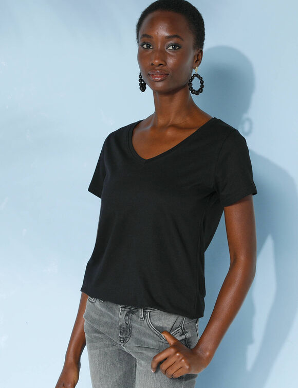 T-shirt col V uni manches courtes, coton (noir)