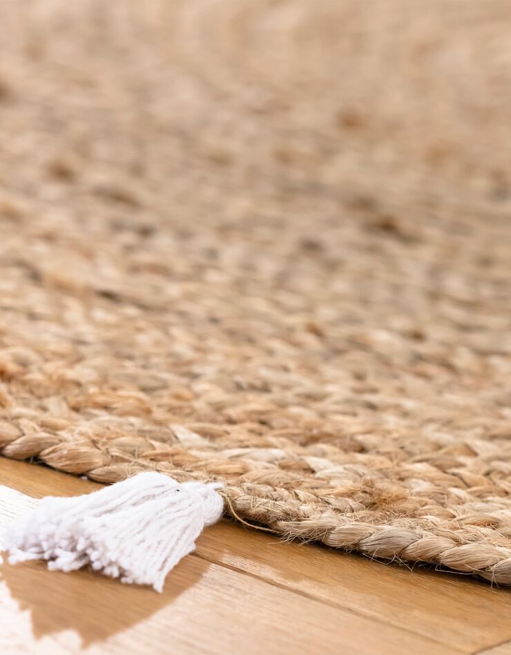 Tapis rond en jute avec pompons de couleur (blanc)