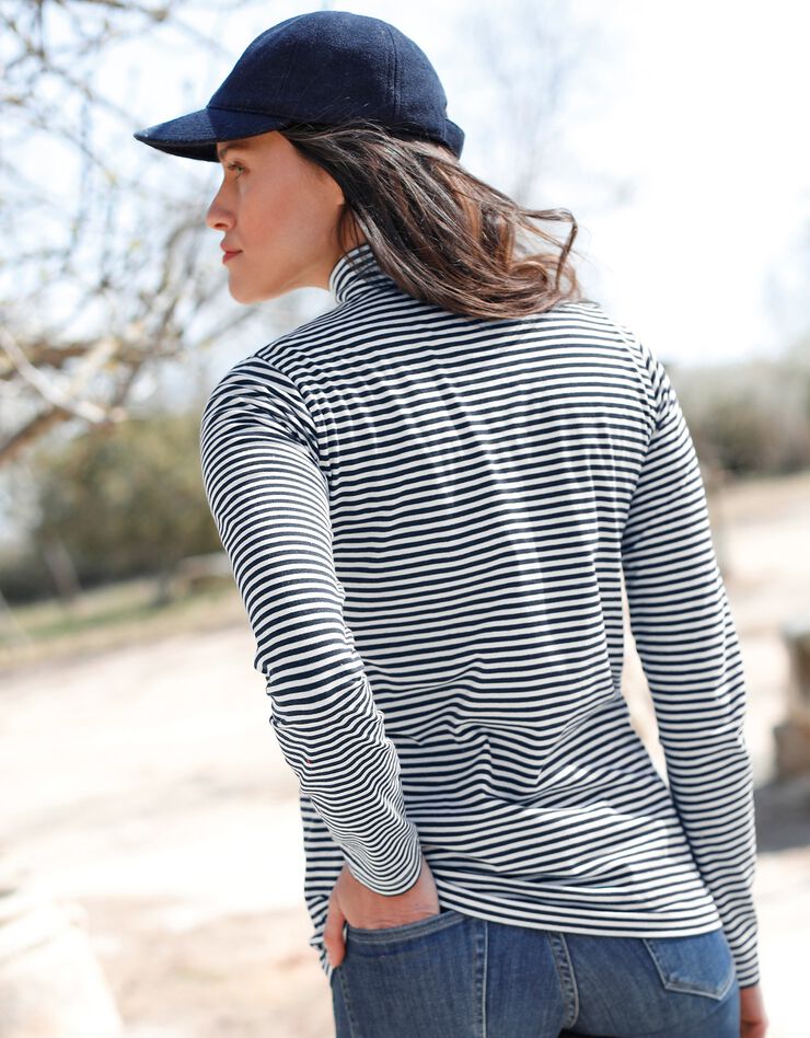 Tee-shirt col montant zippé rayé (marine / blanc)