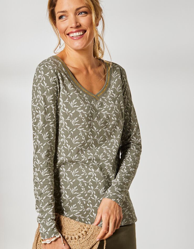 Tee-shirt manches longues, imprimé feuillage (kaki clair) Tee-shirt manches longues, imprimé feuillage (kaki clair)