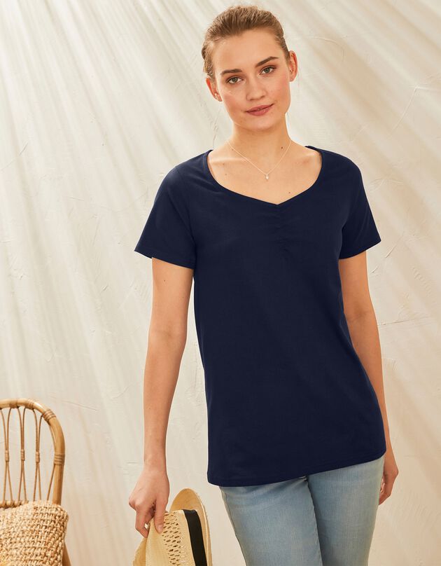 Tee-shirt col carré froncé uni coton bio (marine) Tee-shirt col carré froncé uni coton bio (marine)