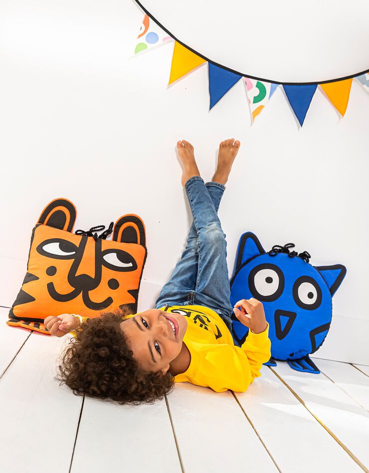 Coussin Chouette garni, collection enfant LEM (bleu / noir)
