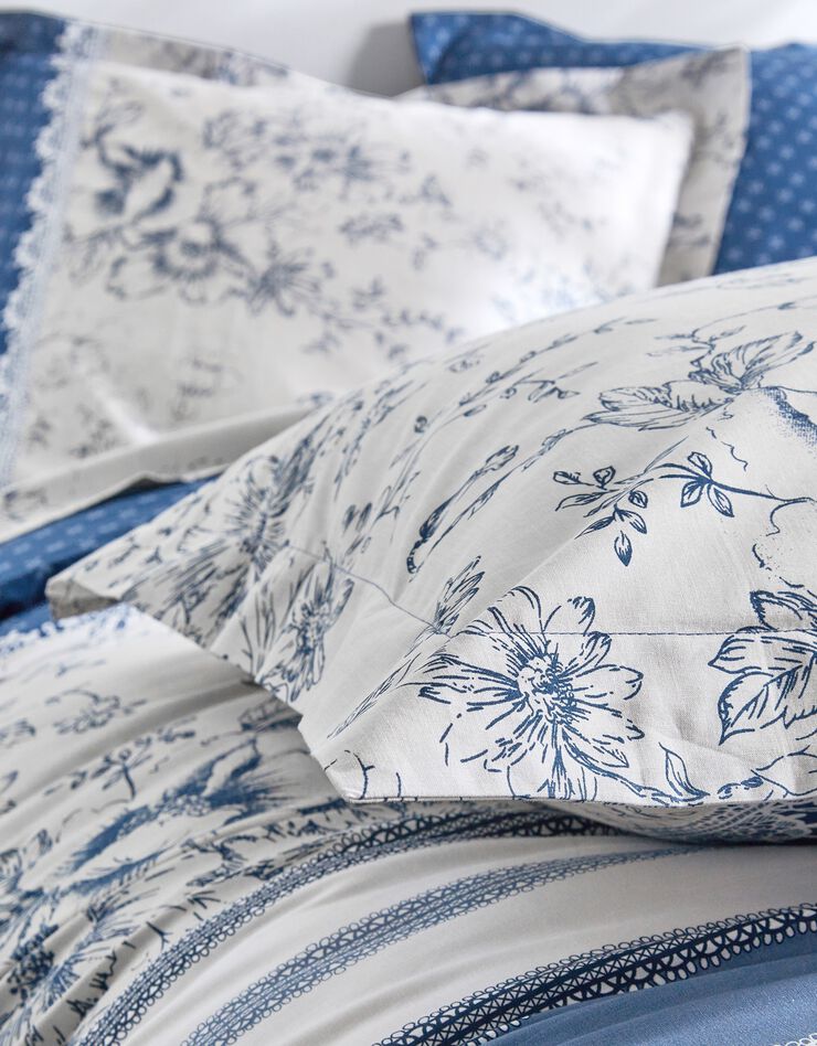 Linge de lit Gabrielle en coton imprimé pois, fleurs et dentelle (bleu marine)