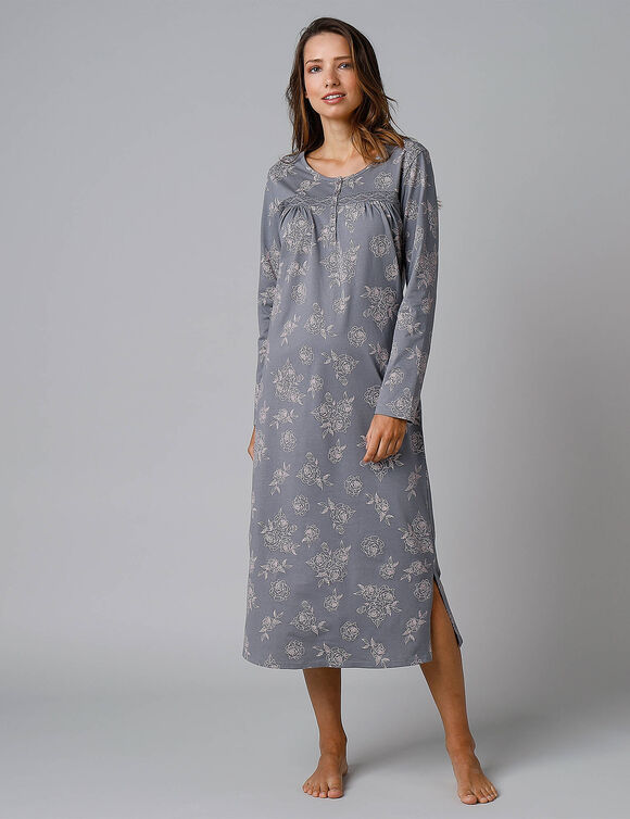 Chemise de nuit longue manches longues imprimée "roses" (gris / rose)