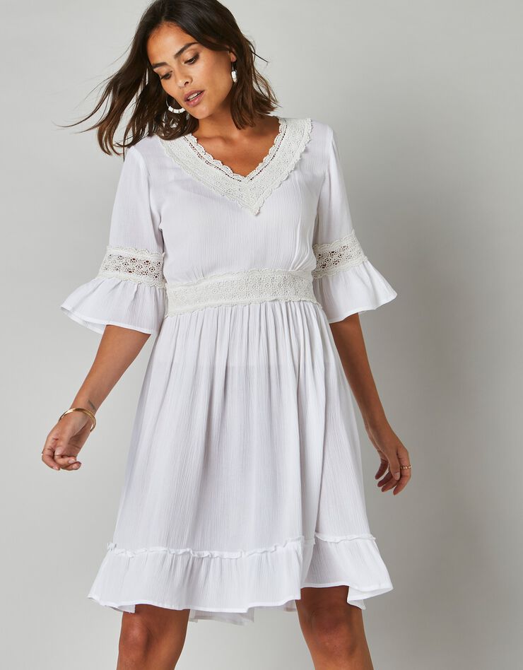 Robe courte macramé unie, crépon (écru)