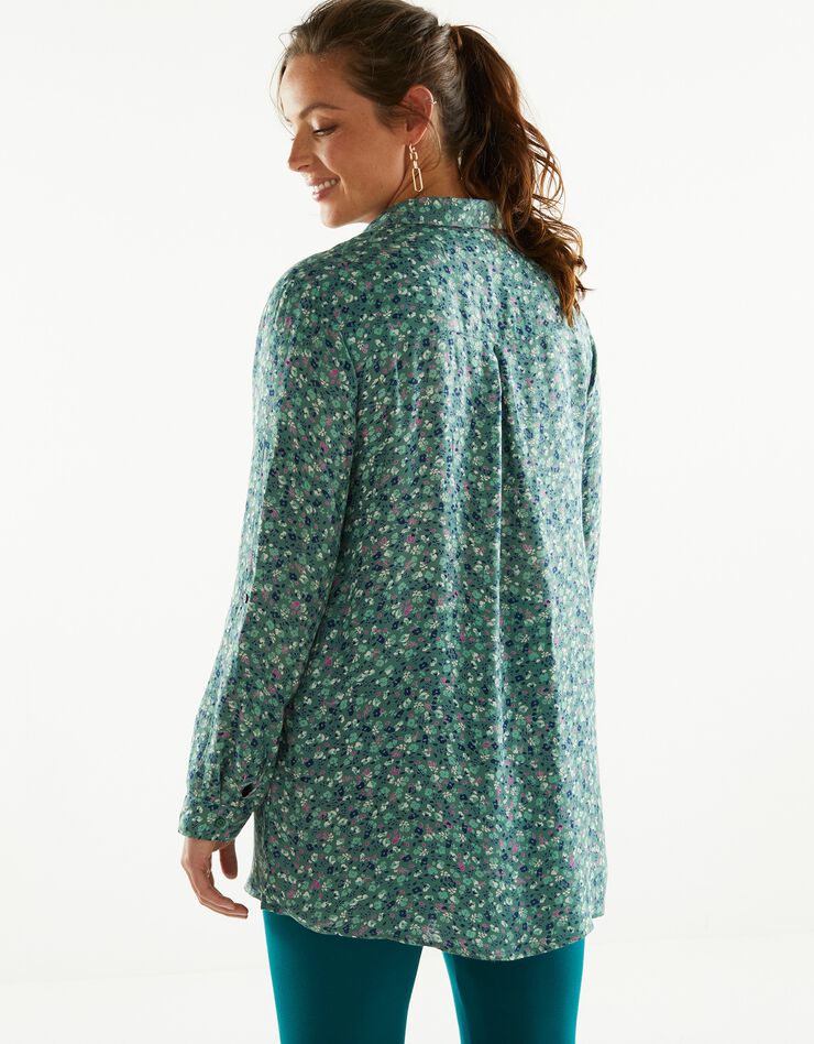 Chemise liquette boutonnée imprimé fleuri, crêpe (vert / violine) Chemise liquette boutonnée imprimé fleuri, crêpe (vert / violine)