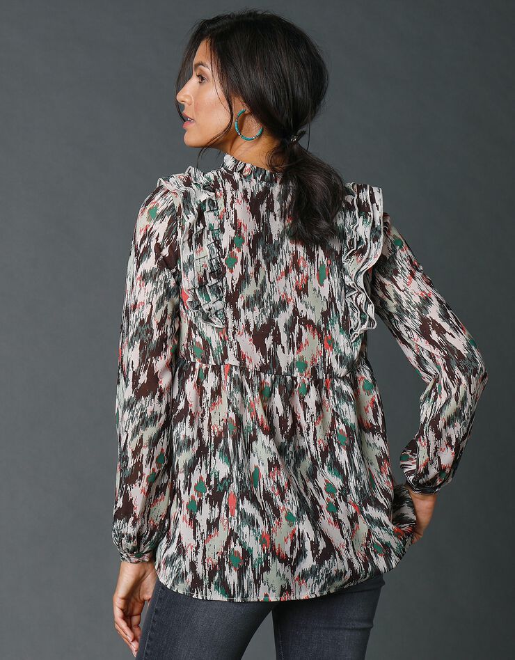 Blouse imprimée à volants (kaki / écru) Blouse imprimée à volants (kaki / écru)