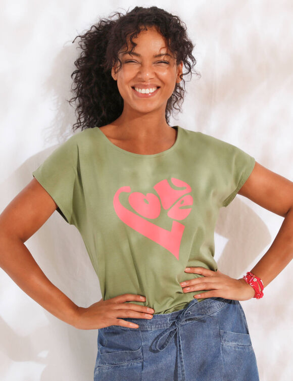 T-shirt imprim&eacute; plac&eacute; "love" (kaki / rose)