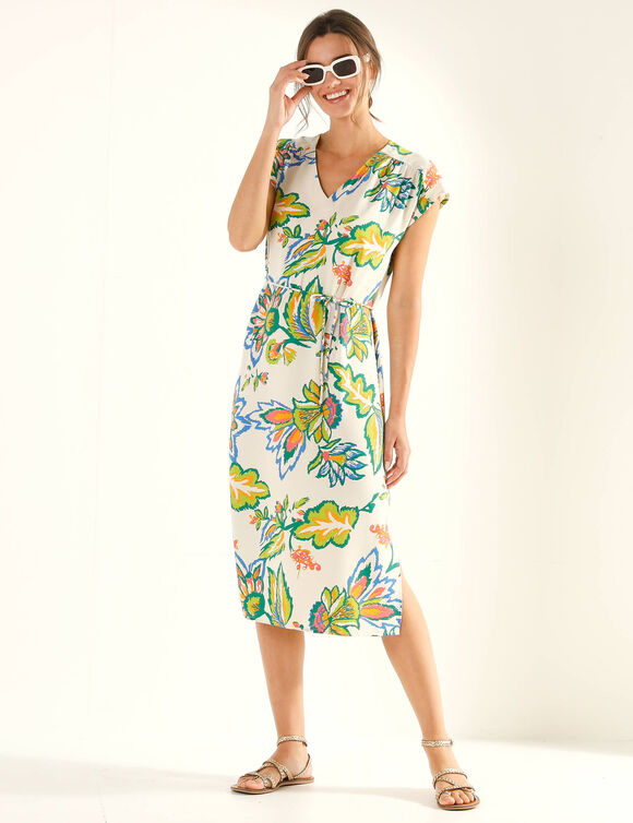 Robe manches courtes, cr&ecirc;pe imprim&eacute; (&eacute;cru / vert)