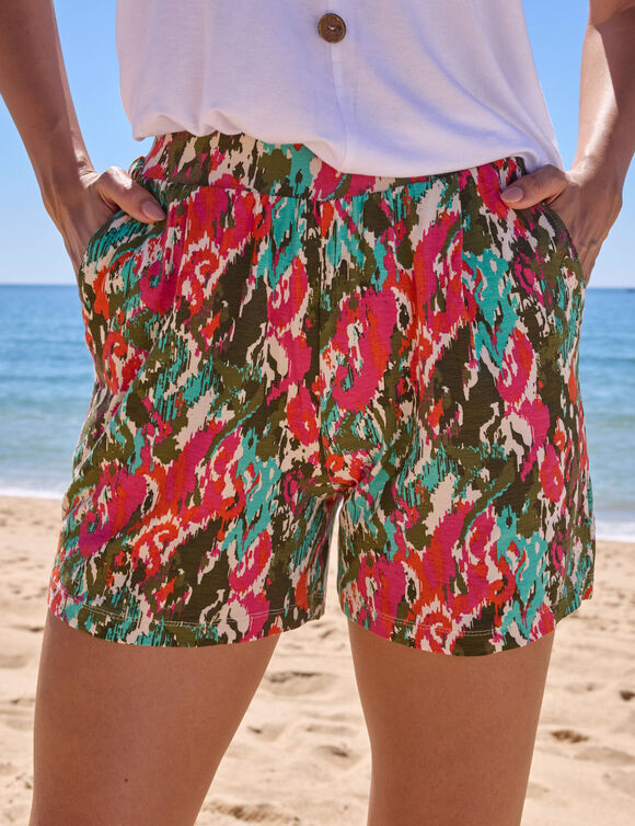 Short large fluide imprim&eacute; etnique (kaki / rose)