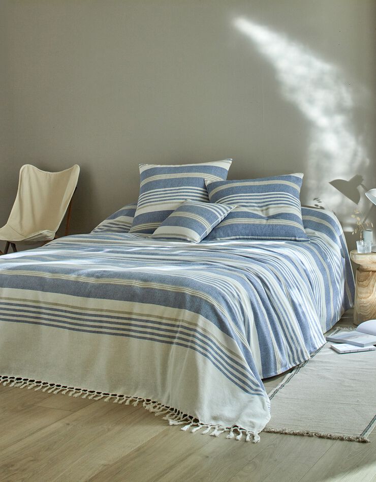 Plaid jeté multicolore coton tissage artisanal (bleu)