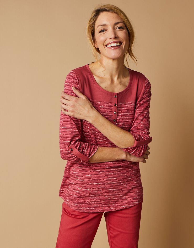 Tee-shirt col tunisien imprimé chiné (cerise chiné) Tee-shirt col tunisien imprimé chiné (cerise chiné)