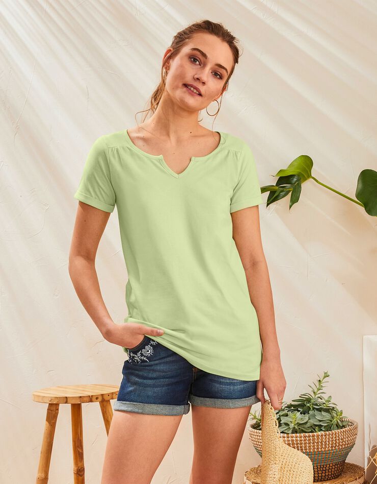 Tee-shirt col tunisien uni coton bio (anis) Tee-shirt col tunisien uni coton bio (anis)