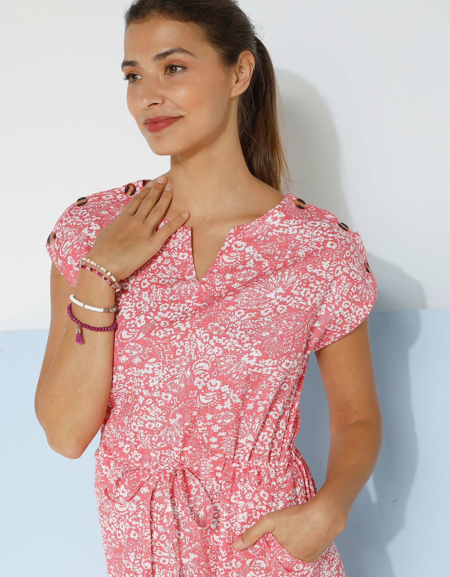 Robe imprim?�e boutonn?�e ?�paules, bois de rose / ?�cru | Blancheporte