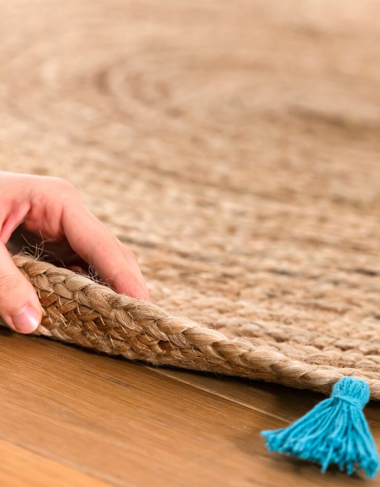 Tapis rond en jute avec pompons de couleur (turquoise)