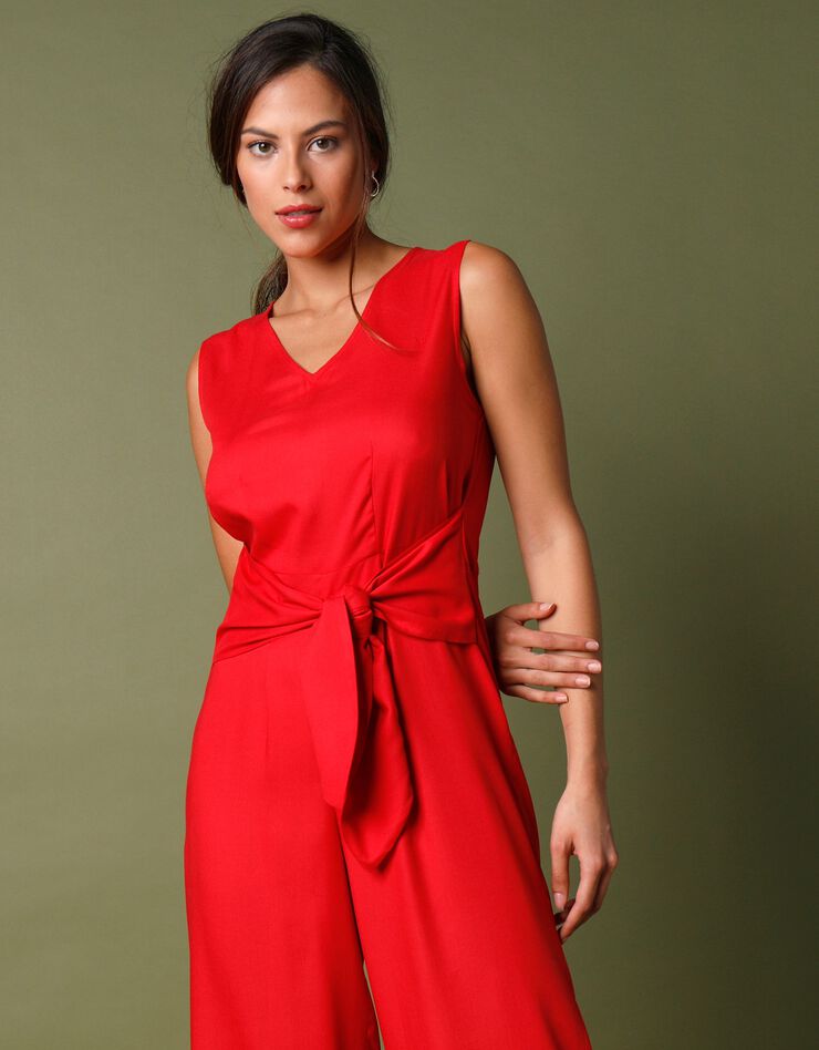 Combinaison pantalon unie col V sans manches  (rouge)