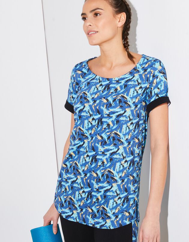 Tee-shirt imprimé, col rond à revers sur manches (turquoise / noir) Tee-shirt imprimé, col rond à revers sur manches (turquoise / noir)