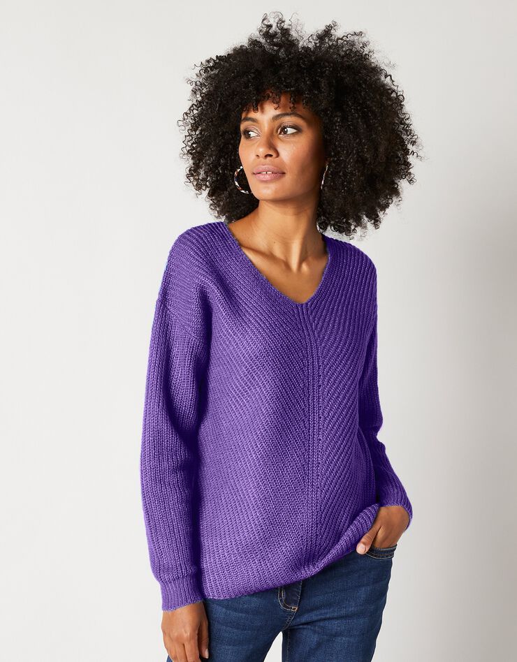 Pull col V, maille anglaise toucher mohair (violet) Pull col V, maille anglaise toucher mohair (violet)