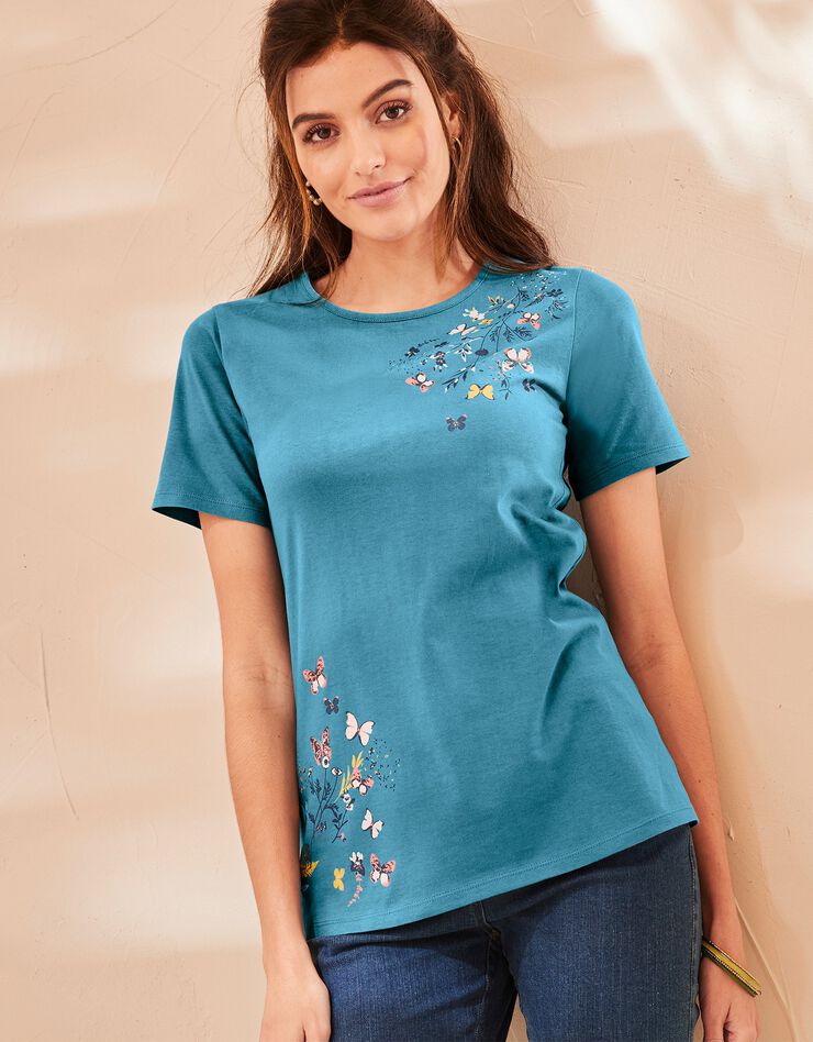 Tee-shirt manches courtes imprimé papillon (bleu grisé)