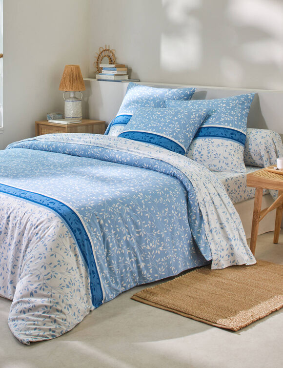 Linge de lit Constance en coton imprimé feuilles (bleu)