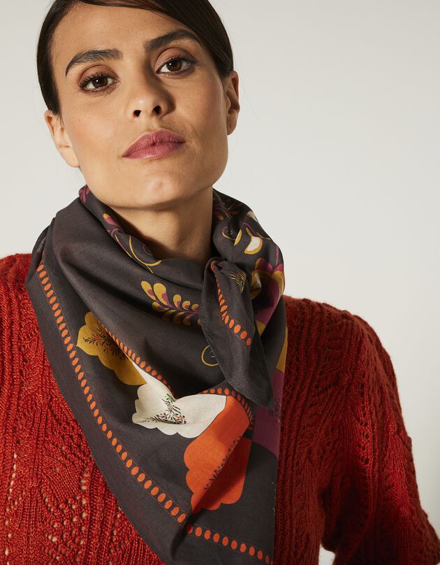 Foulard fabriqué en France imprimé fleurs 100 x 100 cm - coton (chocolat / framboise)