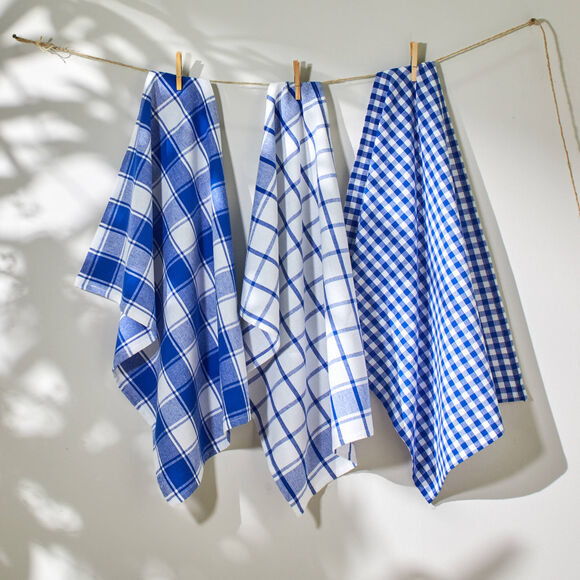 Torchon carreaux coton tiss&eacute; teint - lot de 3 (bleu)