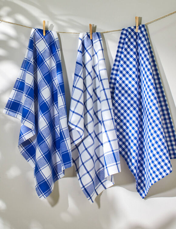 Torchon carreaux coton tissé teint - lot de 3 (bleu)