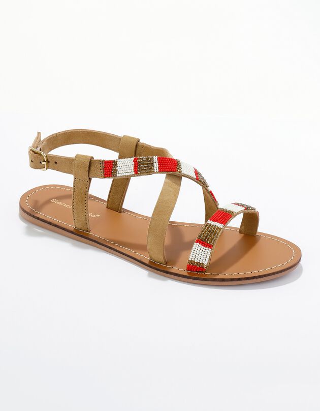 Sandales cuir perles multicolores (beige)