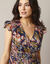 Robe manches courtes détails volantés, voile jacquard imprimé (marine / caramel)
