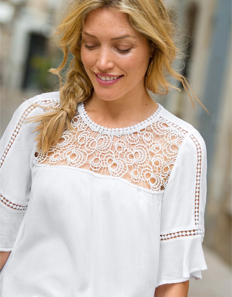 Blouse plastron macramé, crépon (écru)