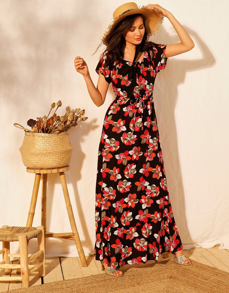 Robe longue manches courtes (noir / corail) Robe longue manches courtes (noir / corail)