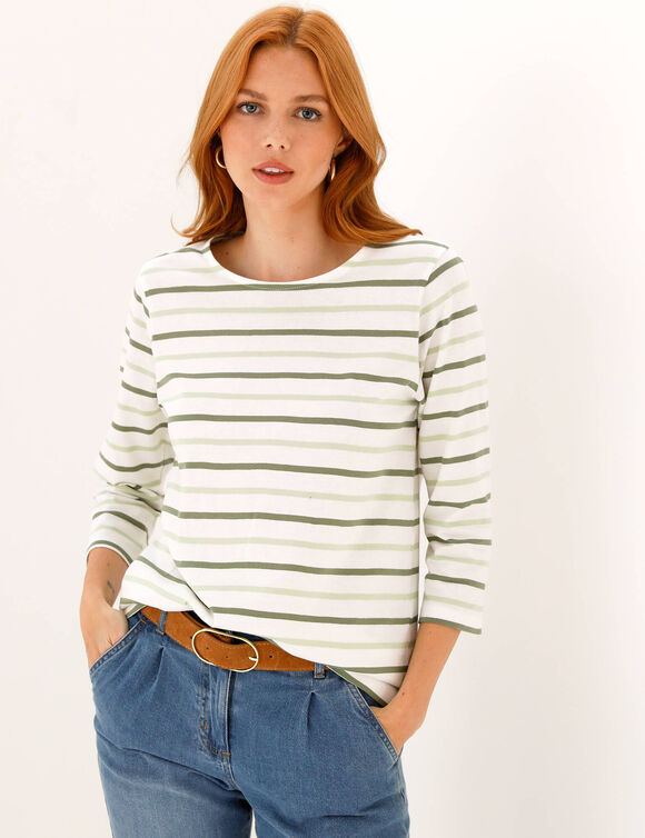 T-shirt ray&eacute; manches 3/4, maille jersey (&eacute;cru / vert amande)