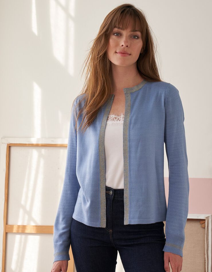 Gilet paletot toucher cachemire détails brillants (bleu grisé) Gilet paletot toucher cachemire détails brillants (bleu grisé)