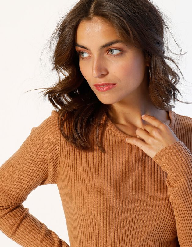 Pull col rond manches longues maille côtelée (caramel) Pull col rond manches longues maille côtelée (caramel)