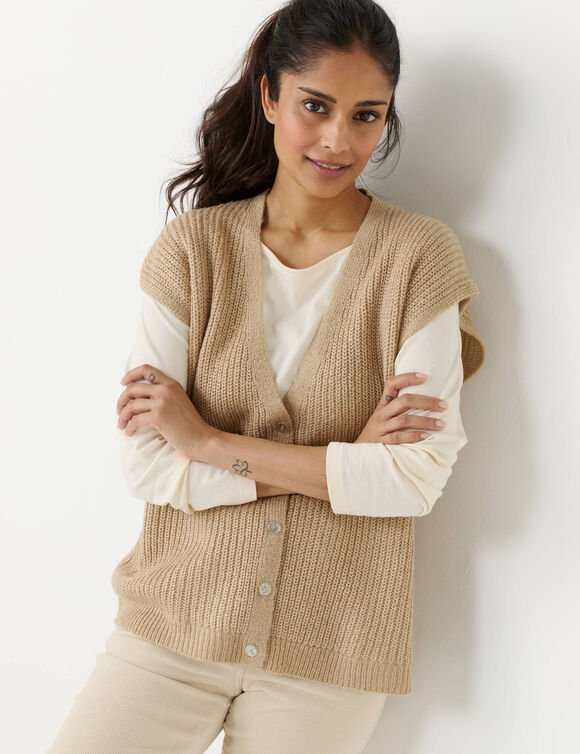 Gilet sans manches &agrave; boutons paillet&eacute;s, maille anglaise (sable)