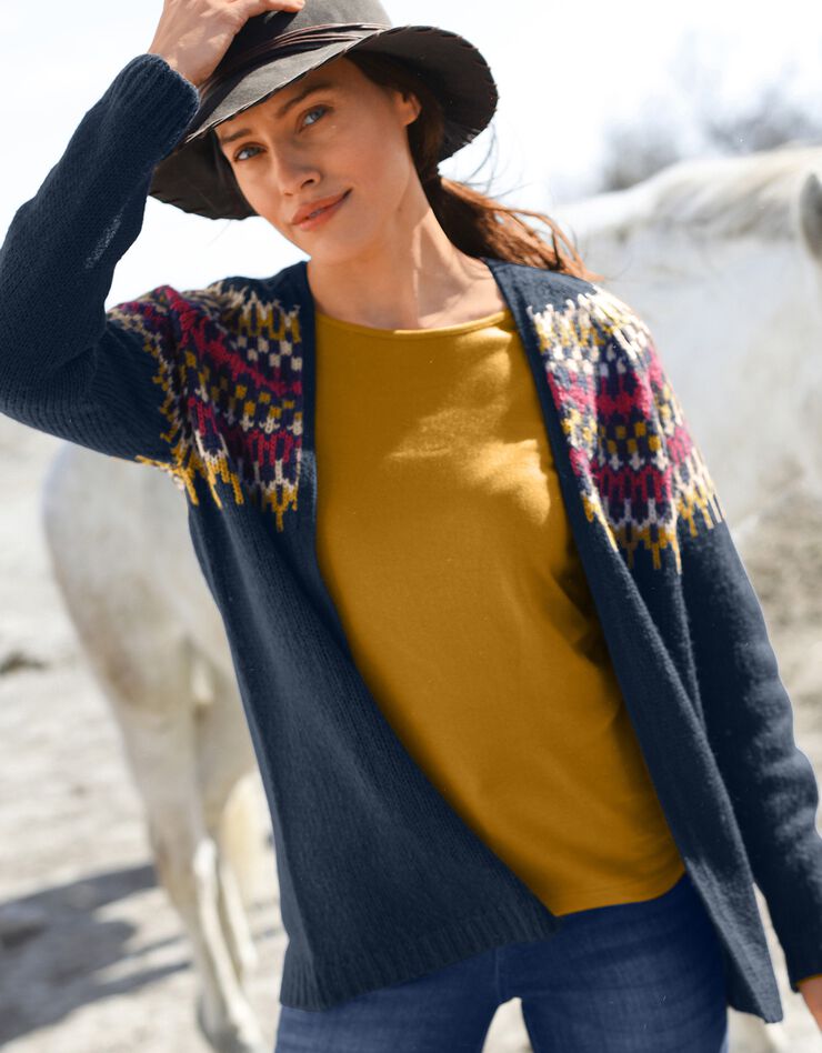 Gilet jacquard porter ouvert toucher mohair (marine) Gilet jacquard porter ouvert toucher mohair (marine)