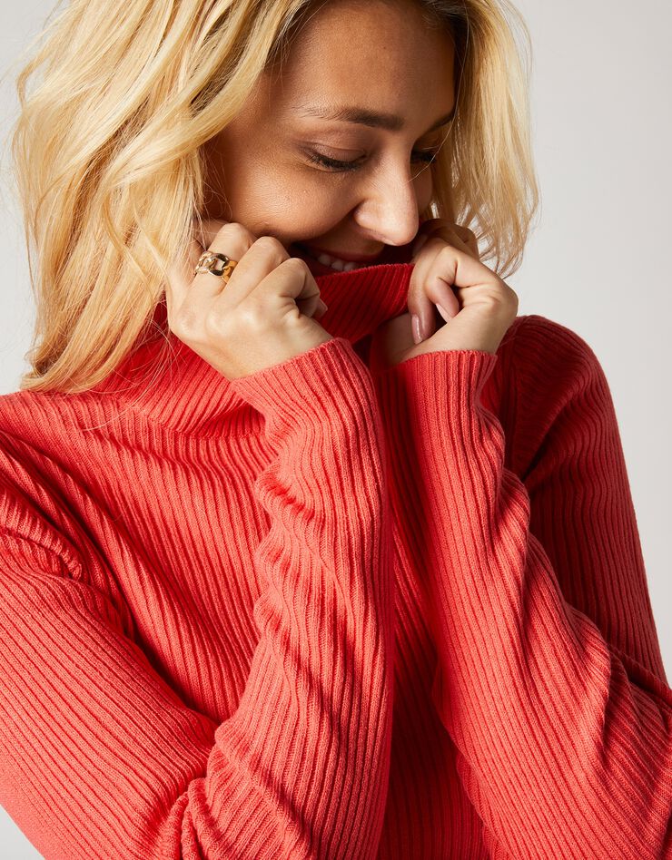 Pull col roulé uni maille côtelée (corail foncé) Pull col roulé uni maille côtelée (corail foncé)