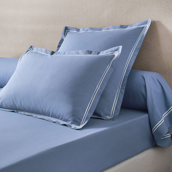 Linge de lit uni double bourdon - percale de coton 80 fils/cm&sup2; (bleu / blanc)