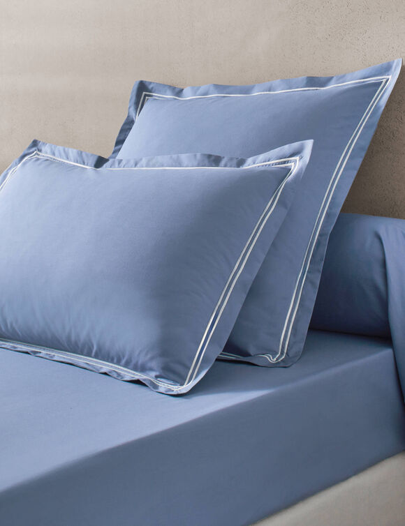 Linge de lit uni double bourdon - percale de coton 80 fils/cm&sup2; (bleu / blanc)