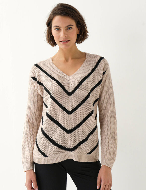 Pull col V ray&eacute;, maille anglaise toucher doux (beige / noir)