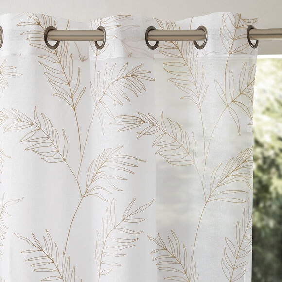 Panneau voilage brodé grandes feuilles - finition oeillets (sable)