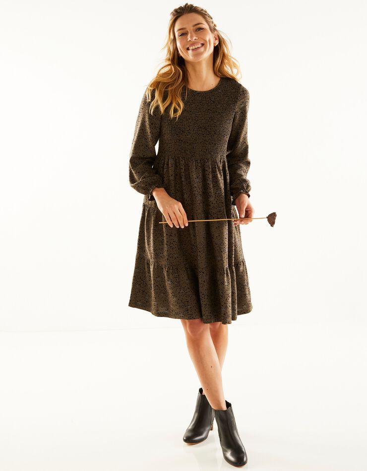 Robe smockée manches longues imprimé peau de bête (bronze / noir) Robe smockée manches longues imprimé peau de bête (bronze / noir)