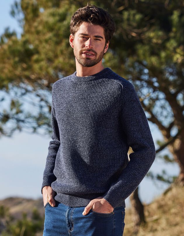 Pull col rond manches marteau côtes anglaises 30% laine (bleu mouliné)
